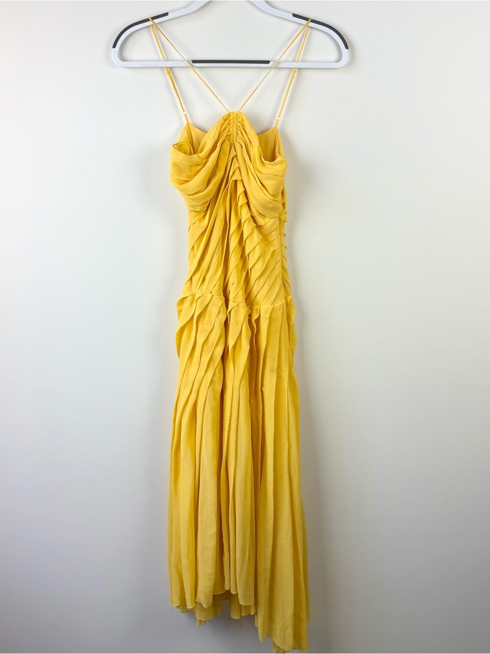 View 100% Silk y2k Pleated Yellow Midi Dress
